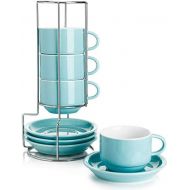 Sweese 406.102 Porcelain Stackable Cappuccino Cups with Saucers and Metal Stand - 8 Ounce for Specialty Coffee Drinks, Cappuccino, Latte, Americano and Tea - Set of 4, Turquoise