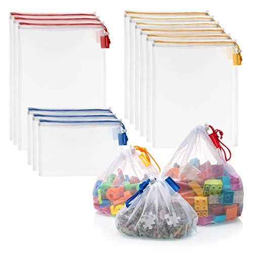  [아마존베스트]VANDOONA Toy Storage & Organization Mesh Bags Set of 9 See-Through Washable Mesh Bags & Color Coded Drawstrings by Size S, M, L. Playroom Organization, Baby Toys (2 Small, 5 Medium