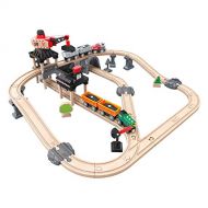 Hape Crane and Cargo Train Set | Wooden Railway Toy Set with Magnetic Crane, Button Operated Loader and Adjustable Rail Signal