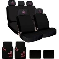 Yupbizauto New YupizAuto Brand Universal Size Flat Black Cloth Car Seat Covers Floor Mats Full Set with 4 Embroidery Red Pink Hearts Logo Headrest Covers