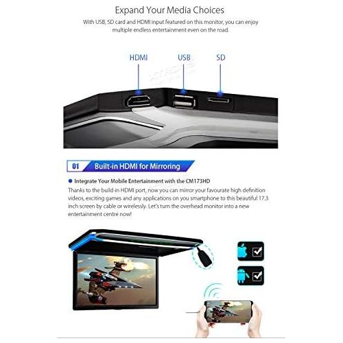  XTRONS 17.3 Inch Digital TFT FHD 16:9 Screen for Car Bus Supports 1080P Video Car Overhead Player Car Monitor with HDMI Port Automotive LED Light Windows CE for Holidays (CM173HD)