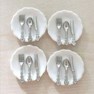 SXFSE Dollhouse Decoration Accessories, 4 Pack 1:12 Miniature Scale Miniature Plates, Knife, Fork and Spoon Set Dollhouse Kitchen Accessories (White, 1 x 1 inch)