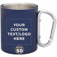 DISCOUNT PROMOS Custom Discuont Promos Carabiner Handle Stainless Steel Mugs, 50 pack, Personalized Text, Logo, 10 oz, Moscow Mule Mug, Camping Coffee Cup, Navy Blue