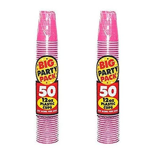  Amscan Big Party Pack Bright Pink Plastic Cups, 12 Oz., 50 Ct. -