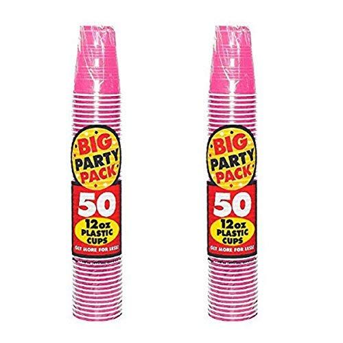 Amscan Big Party Pack Bright Pink Plastic Cups, 12 Oz., 50 Ct. -