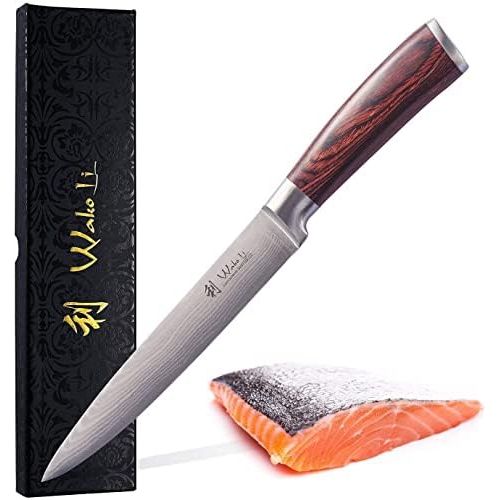  Wakoli Edib Damastmesser - sehr hochwertiges Profi Messer mit Edelholz Griff mit Damast Klinge, Damastmesser Fleischmesser, Damastkuechenmesser