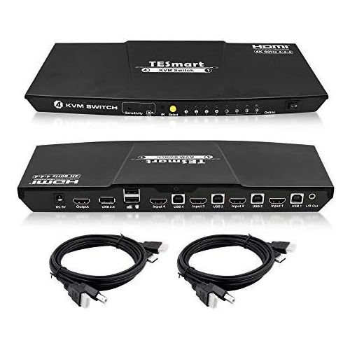  TESmart KVM Switch 4 Port HDMI | 4K 60Hz Ultra HD | Multimedia with Audio Output [Connect Multiple PCs, Laptops, Gaming Consoles to 1 Video Monitor, Keyboard & Mouse] Includes 2 Ca