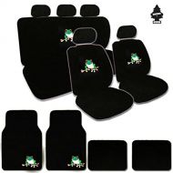 Yupbizauto Frog Design Front Low Back Universal Size Bucket Seat Covers, 5 Head Rest Covers,Frog Logo Rear Seat Cover,Steering Wheel Cover, Shoulder Pads, 4 Carpet Floor Mats and a