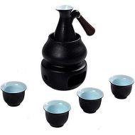 LYYF Japanese Sake Set, 7 Piece Black Glaze Sake Set With Warmer And Candle Stove, Anti scald Wood Handle Suitable For Various Occasions 21223