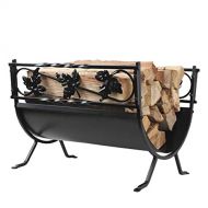WMMING 18.5inch Indoor Log Carrier Wood Holder Rack, with Scrolls & Leaf Pattern, Small Black Finish Firewood Rack Brackets, for Fireplace, Stove and Fire Pit Accessory Solid and P