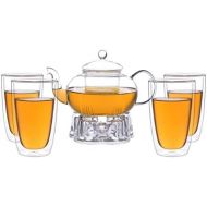 Aricola Teeset Melina 1,3 Liter. Glas-Teekanne 1,3 Liter mit Glassieb, 4 doppelwandige Teeglaser 360ml und Glasstoevchen