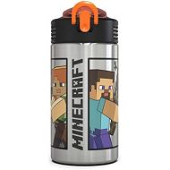 Zak Designs Minecraft - Stainless Steel Water Bottle with One Hand Operation Action Lid and Built-in Carrying Loop, Kids Water Bottle with Straw Spout is Perfect for Kids (15.5 oz,