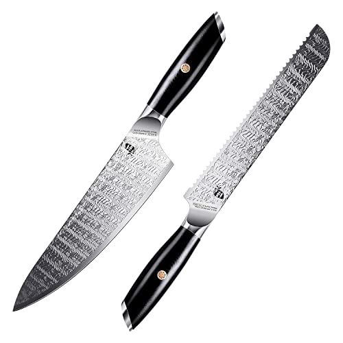  TUO Chef Knife 8 inch & Bread Knife 8 inch Pro Serrated Bread Knife Kitchen Bread Slicing Knife, Forged AUS 8 Japanese Stainless Steel & G10 Handle FALCON S SERIES with Gift Box