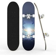 TOEGDNPK Skateboards for Beginners Teens Adults Palm Tree with Sketchy Style On The Island with Ocean Wave and 31 X 8 Complete Standard Skate Board, Outdoor Sports Maple Double Kick Concave