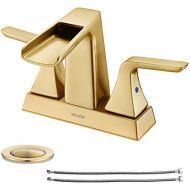 NEWATER Two-Handle Waterfall Centerset Three Hole Bathroom Sink Faucet with Pop Up Drain & Supply Lines Lavatory Faucet Mixer Tap Deck Mounted，Brushed Gold