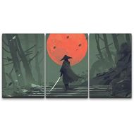 wall26 - 3 Piece Canvas Wall Art - Illustration - Samurai Standing on Stairway in Night Forest - Modern Home Art Stretched and Framed Ready to Hang - 16x24x3 Panels