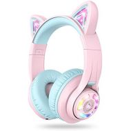 [아마존베스트]iClever Headphones for Children, Cat Ears, LED Light Up Kids, Bluetooth Wireless Foldable Headphones, Over Ear for School/Table/PC