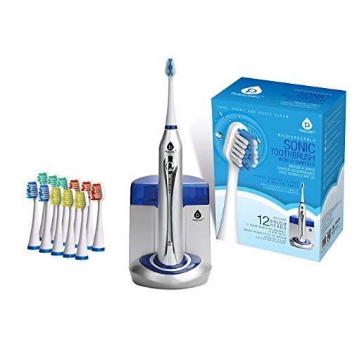  Pursonic S450 Deluxe Plus Rechargeable Sonic Electric Toothbrush with built in UV Sanitizer and bonus 12 brush heads included, Silver
