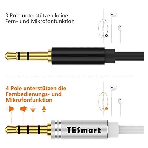  [아마존베스트]TESmart 3.5 mm stereo aux extension cable, 4-pin headphone extension cable, TPE material, headset cable for mobile phone, MP3, PC, tablet etc. (2 m / white)