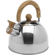 Primula Stewart Whistling Stovetop Tea Kettle Food Grade Stainless Steel, Hot Water Fast to Boil, Cool Touch Folding, 1.5 Qt, Polished Silver with Wood Handle