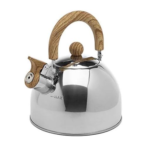  Primula Stewart Whistling Stovetop Tea Kettle Food Grade Stainless Steel, Hot Water Fast to Boil, Cool Touch Folding, 1.5 Qt, Polished Silver with Wood Handle