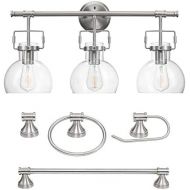 Globe Electric 51299 Walker 5-Piece All-In-One Bathroom Set, Brushed Nickel, 3-Light Vanity Light with Clear Glass Shades, Towel Bar, Towel Ring, Robe Hook, Toilet Paper Holder