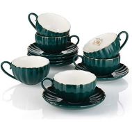 [아마존베스트]Amazingware Royal Tea Cups and Saucers, with Gold Trim and Gift Box, British Coffee Cups, Porcelain Tea Set, Set of 6 (8 oz)- Dark Green