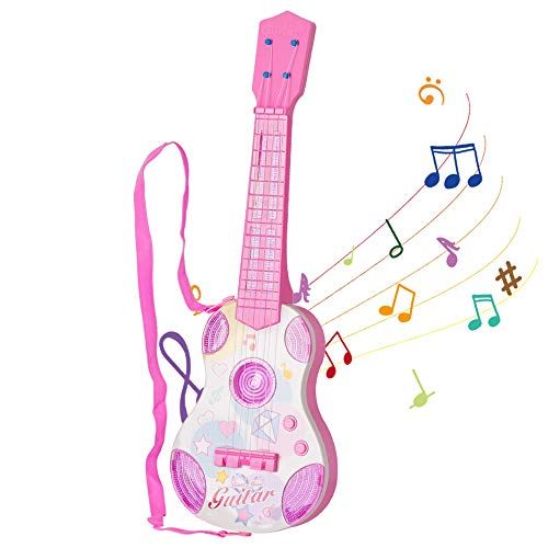  [아마존베스트]M SANMERSEN Kids Toy Guitar Pink Guitar for Kids 4 Strings Children Electric Guitar with Flash Light Educational Learning Guitar Toy for Girls Boys Beginner