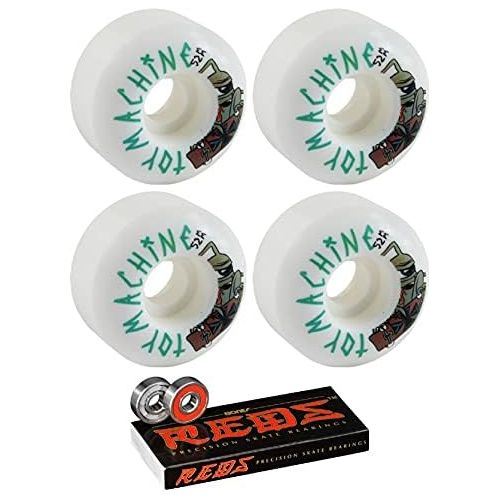  Toy Machine Skateboards 52mm Sect Skater White Skateboard Wheels - 99a with Bones Bearings - 8mm Bones Reds Precision Skate Rated Skateboard Bearings (8) Pack - Bundle of 2 Items