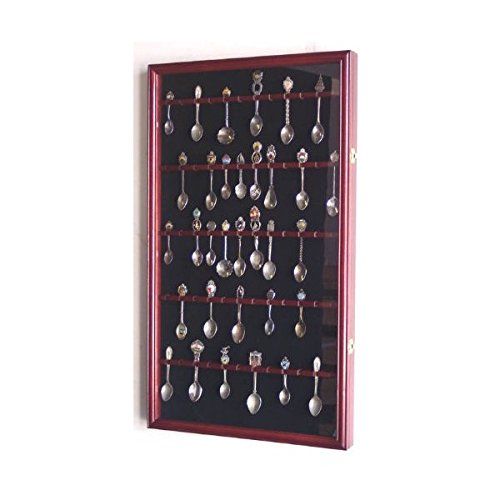  [아마존베스트]Unknown 60 Spoon Display Case Cabinet Wall Mount Rack Holder w/98% UV Protection Lockable, Oak