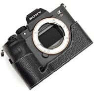 A7R IV Camera Case, BolinUS Handmade Genuine Real Leather Half Camera Case Bag Cover for Sony Alpha A7R IV Camera Bottom Opening Version + Hand Strap (Black)