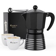 RAINBEAN Stovetop Espresso Maker 6 Cup/300ml, Aluminum Moka Pot Gift Set, Italian Cuban Greca Coffee, Easy to Use & Clean - Set Including 2 Cups, Spoon (Black, Perfect Gifts for Co
