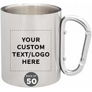 DISCOUNT PROMOS Custom Discuont Promos Carabiner Handle Stainless Steel Mugs, 50 pack, Personalized Text, Logo, 10 oz, Moscow Mule Mug, Camping Coffee Cup, Silver