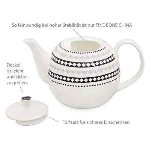  Buchensee Kaffeeservice aus Fine Bone China Porzellan. Tee- / Kaffeekanne 1,5l mit stilvollem Rautendekor, 6 Kaffeetassen und 6 Unterteller.