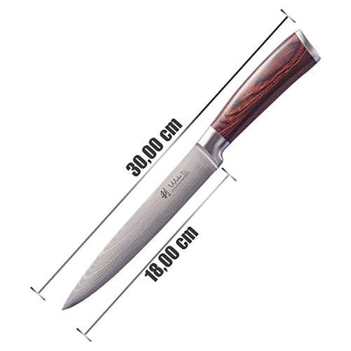  [아마존베스트]Wakoli EDIB Damascus Knife Meat Knife 18 cm Blade Extremely Sharp 67 Layers I Sharp Damask Kitchen Knife and Professional Chefs Knife Made of Real Damascus Steel with Pakka Wood Ha