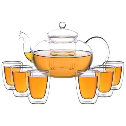  Aricola Teeset Melina 1,8 Liter. Glas-Teekanne 1,8 Liter mit Glassieb und 6 doppelwandige Teeglaser 200ml