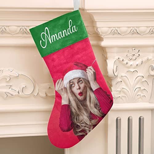  FunnyCustomShop OOshop Photos of Cute Women Personalized Christmas Stockings，Custom Christmas Stocking with Picture Name for Family Fireplace Decor Hanging Ornament Gift Decoration