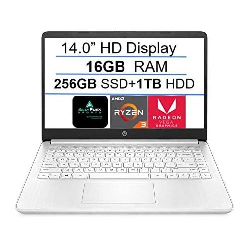 에이치피 2021 Newest HP 14 HD Laptop Computer, AMD Ryzen 3 3250U up to 3.5GHz (Beat i5-7200U), 16GB DDR4 RAM, 256GB SSD+1TB HDD, WiFi, Bluetooth, HDMI, Webcam, Windows 10 S, AllyFlex MP, On