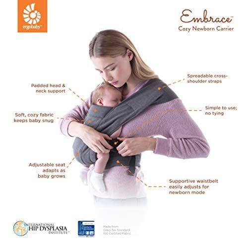 에르고베이비 Ergobaby Embrace Cozy Newborn Baby Wrap Carrier (7-25 Pounds), Premium Cotton, Pure Black