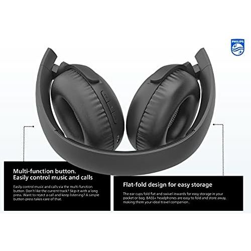  [아마존베스트]Philips Audio On-Ear Headphones UH202BK/00 Bluetooth On Ears (Wireless, 15 Hour Battery, Soft Ear Pads, Microphone, Foldable) Black TAUH202BK/00 One Size