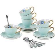 Jusalpha Fine China Coffee Bar Espresso small Cups and Saucers Set of 6 (FD-TCS02 blue (6), 3oz)