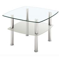 Fineboard Glass Coffee Table / Side Table 2 Tier, Glass Top and Silver Metal Legs (Gray)