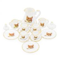 Odoria 1:12 Miniature 15Pcs Porcelain Tea Cup Sets Teapot Set Dollhouse Decoration Accessories, Cat