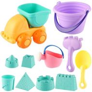MIFXIN Kids Beach Toys Toddlers Sand Toys Set 12Pcs with Sand Truck Bucket Shovels Rakes Beach Castle Molds Water Can Storage Bag