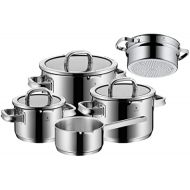 WMF Function 4 5-Piece Saucepan Set, Polished Cromargan Stainless Steel Saucepans with Glass Lids, 4 Pouring Functions, Induction Pots, Scale Inside, Uncoated, Black