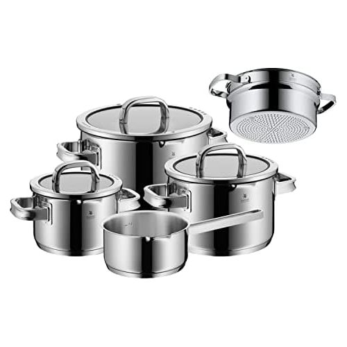 더블유엠에프 WMF Function 4 5-Piece Saucepan Set, Polished Cromargan Stainless Steel Saucepans with Glass Lids, 4 Pouring Functions, Induction Pots, Scale Inside, Uncoated, Black
