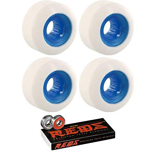  Powerflex Skateboards 56mm Rock Candy White/Clear Blue Skateboard Wheels - 84b with Bones Bearings - 8mm Bones Reds Precision Skate Rated Skateboard Bearings (8) Pack - Bundle of 2