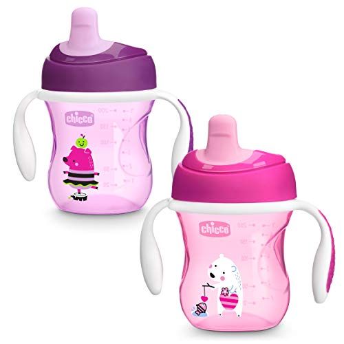 치코 Chicco Semi-Soft Spout Spill Free Baby Trainer Sippy Cup, 6 Months, Pink/Purple, 7 Ounce (Pack of 2)