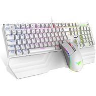 [아마존베스트]havit Mechanical Gaming Keyboard and Mouse Set, RGB Backlight QWERTZ (DE Layout), Aluminium Surface and Palm Rest, 4800DPI RGB Wired Gaming Mouse with 7 Keys (White)