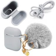 [아마존베스트]Pinowu Protective Case with Cute Pompom Ball Keychain Compatible with AirPods Charging Case, Full Silicone Case and Anti-Lost Strap for AirPods as Gifts (Grey)